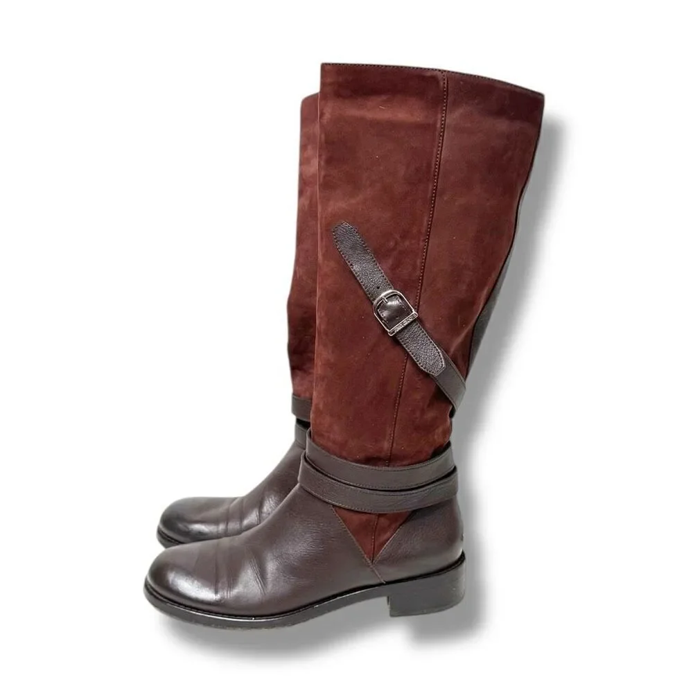 Jimmy Choo DARLA Riding Boots Tall Knee Buckles Flat Brown Leather Suede Size 38